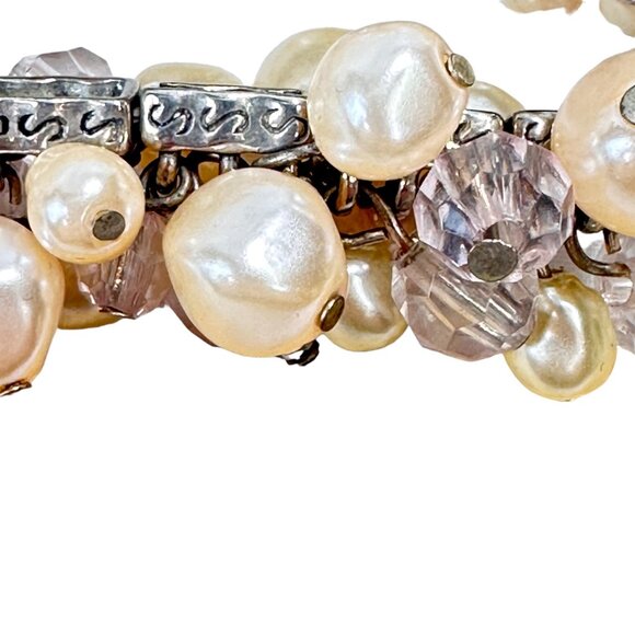 Simulated Pearl & Faceted Glass Bead Bracelet Stretch EUC Boho Bohemian Elegant - Picture 5 of 10